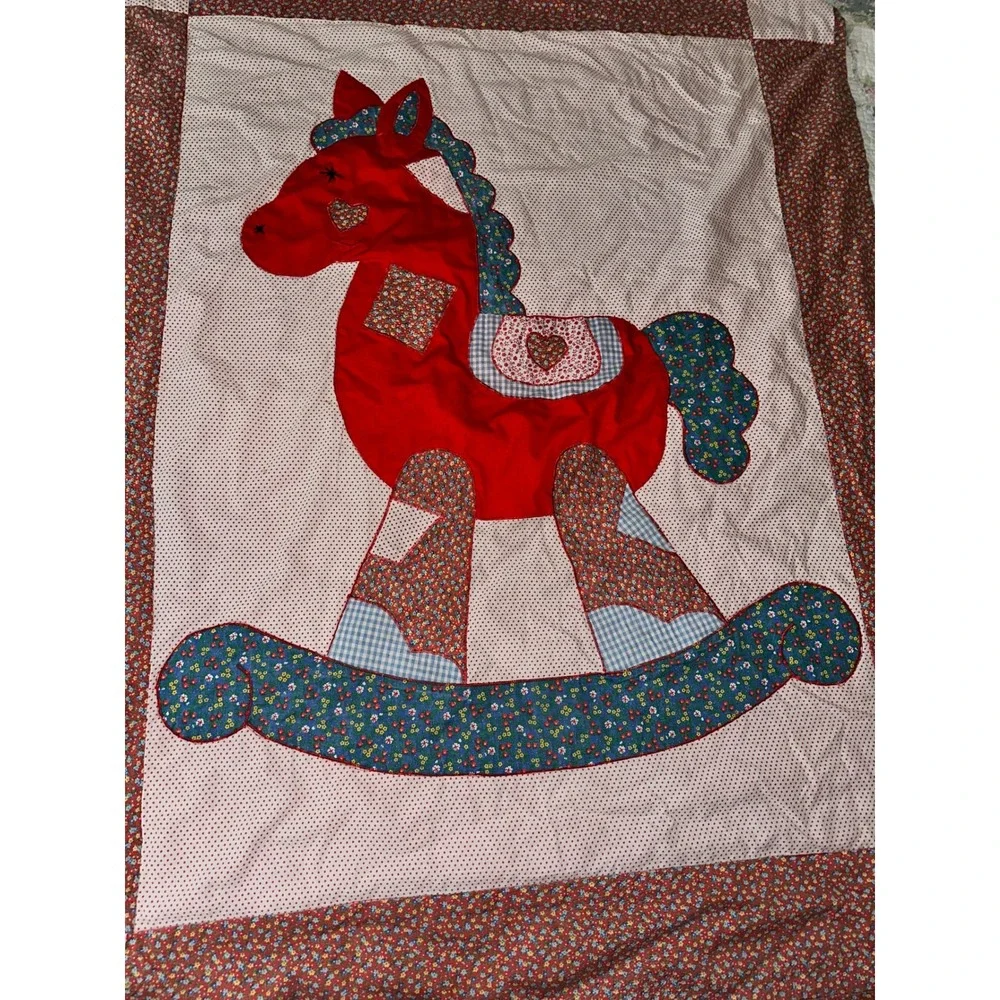 Vintage Handmade Baby Blanket Rocking‎ Horse Design